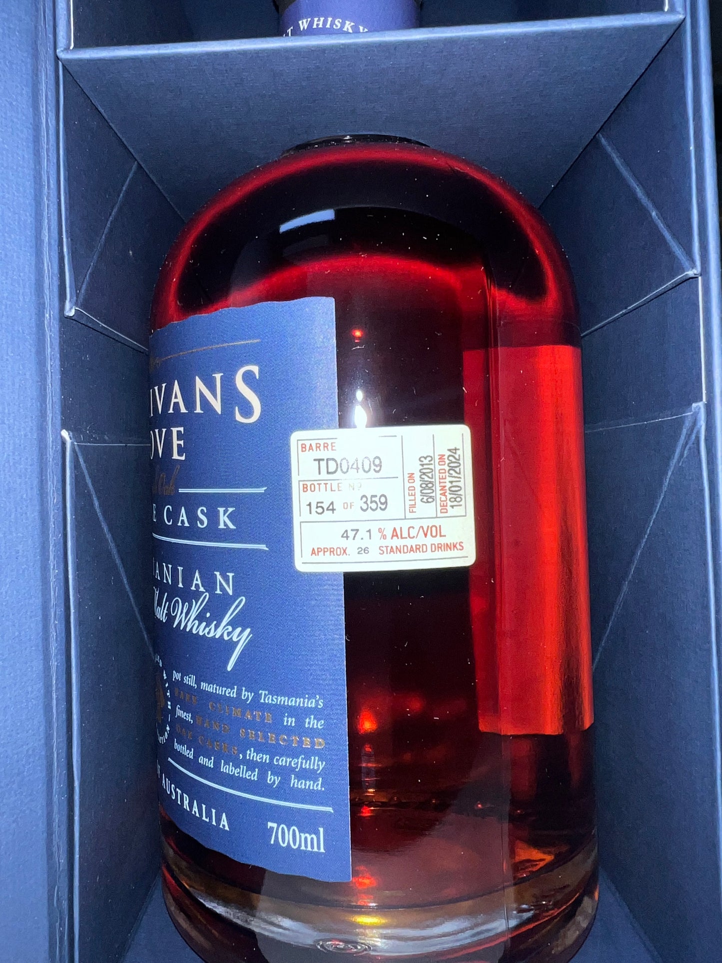 Sullivans Cove French Oak ex-Tawny Single Cask Single Malt Whisky TD0409 700ml Gift Box